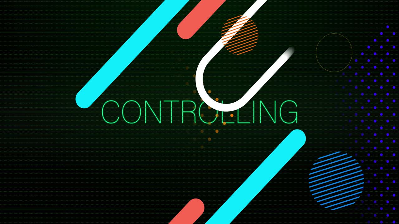 CONTROLLING word reacting to green glitch, bars shifting and white stroke sweeping showing control