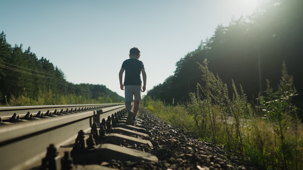 Back view of young boy wearing dark shirt and light shorts walking carefully on rail track ballast, balancing step by step as sun glow filters through tall trees in quiet forested rural setting