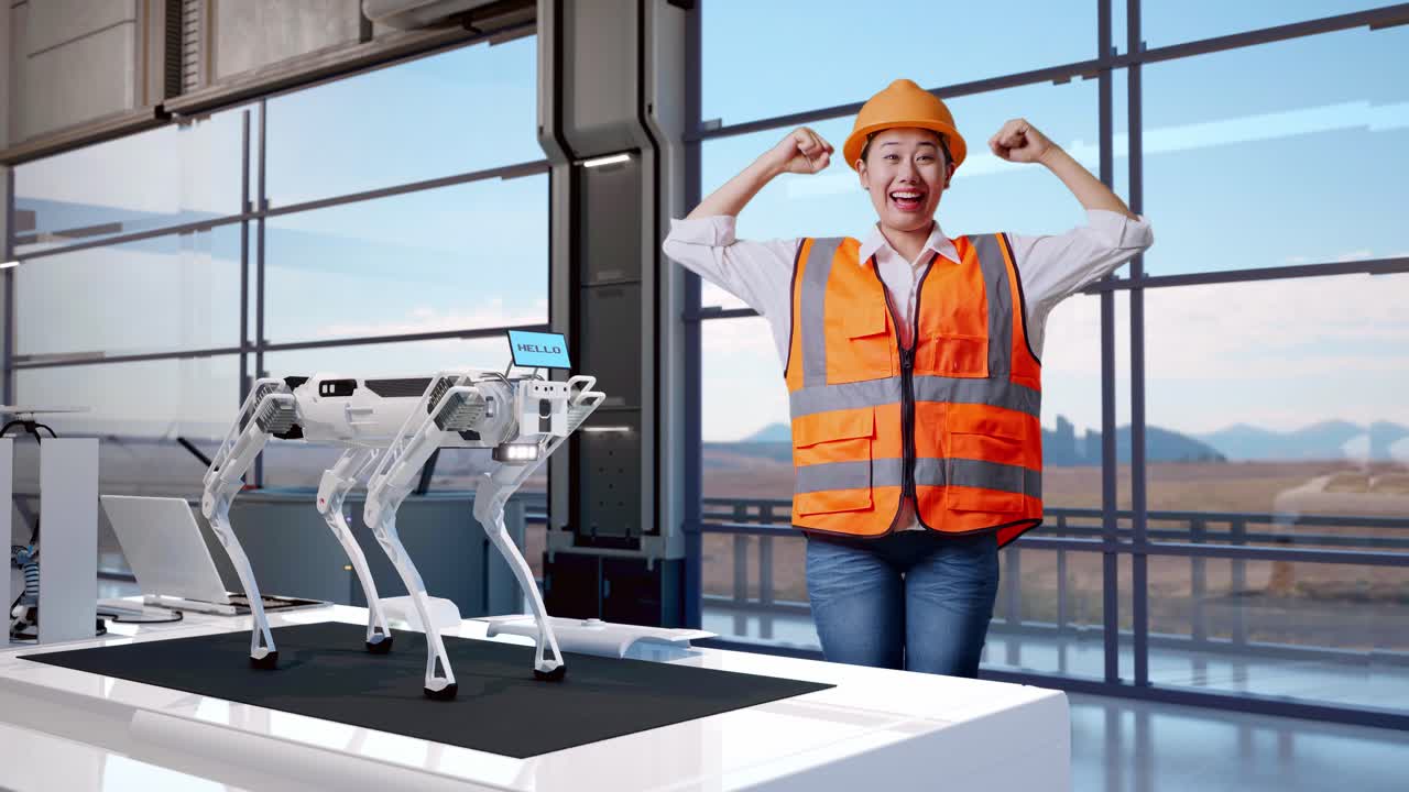 cuerpo lleno de ingeniera asiática con casco de seguridad flexionando su bíceps y sonriendo a la cámara mientras estaba de pie en una fábrica de alta tecnología, analizando el concepto de máquina robótica