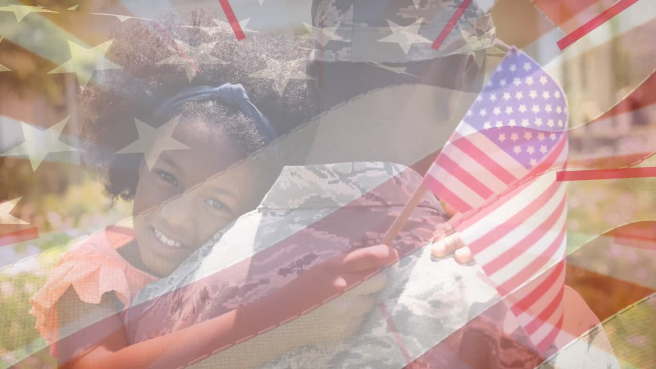 Animation of flag of america blowing over smiling african american girl hugging soldier father