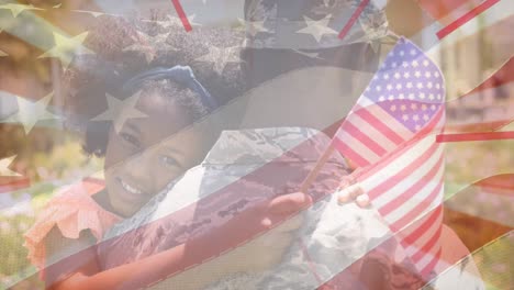 animación de la bandera de américa soplando sobre una sonriente niña afroamericana abrazando al padre soldado
