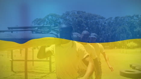 animation of diverse soldiers during training over flag of ukraine