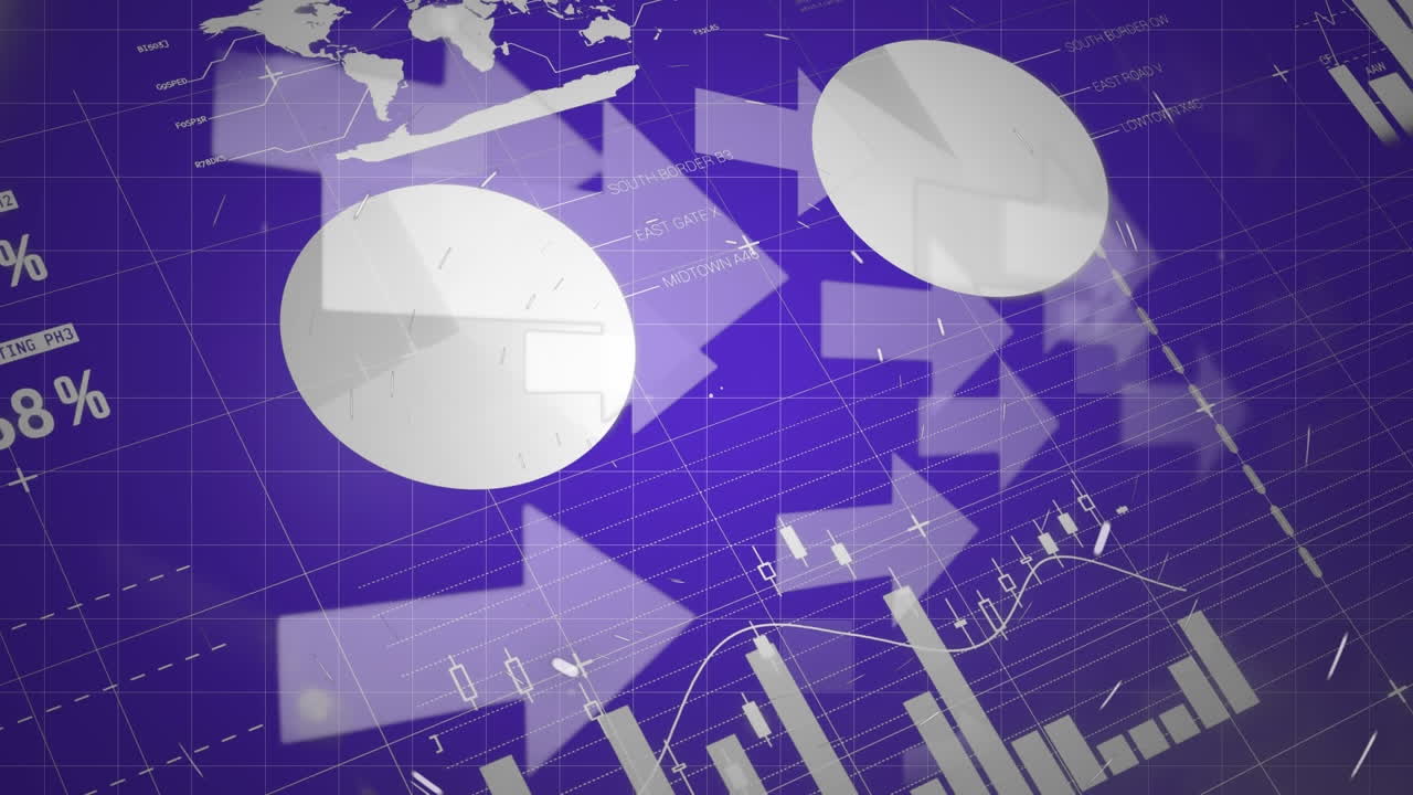 animación de flechas y procesamiento de datos financieros sobre fondo azul