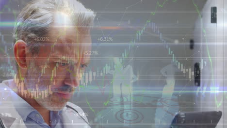animation of statistics and data processing over caucasian male doctor using tablet