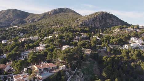 dron flying over some houses spread through the forest on the hill
