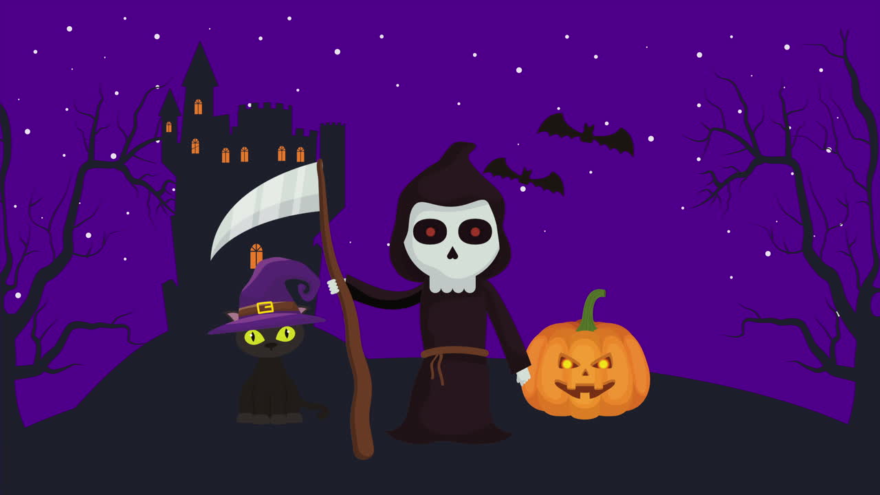 escena oscura de halloween con la muerte en el castillo