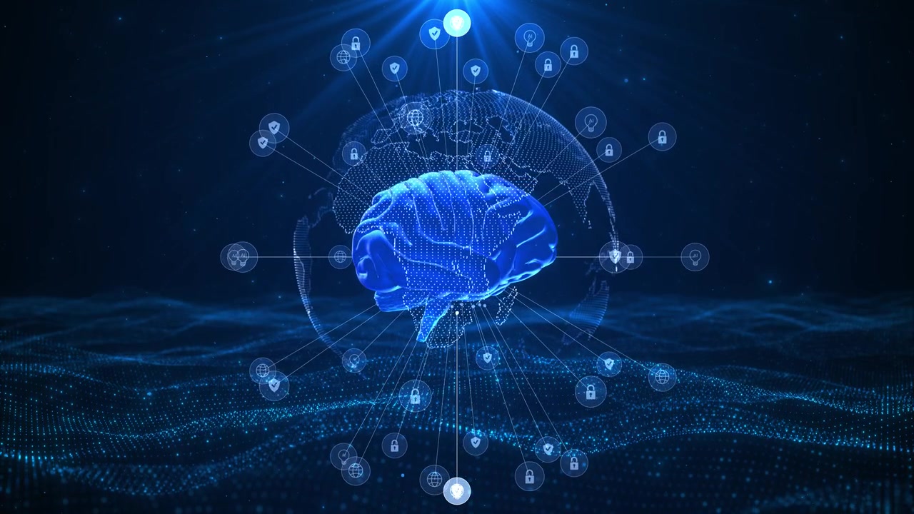 Artificial intelligence brain glowing neural model world network security icons and digital