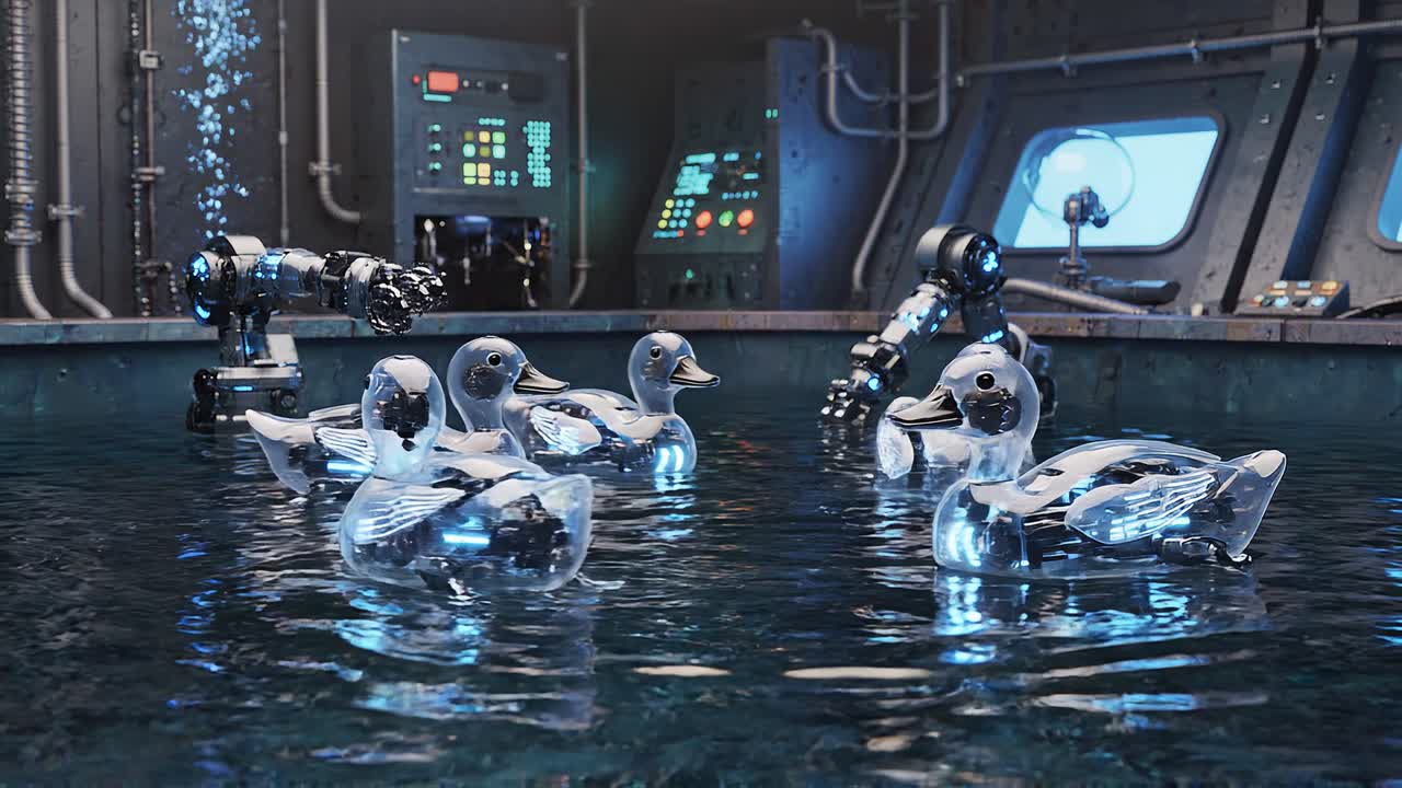 Futuristic Robotic Ducks Floating in a High-Tech Industrial Lab