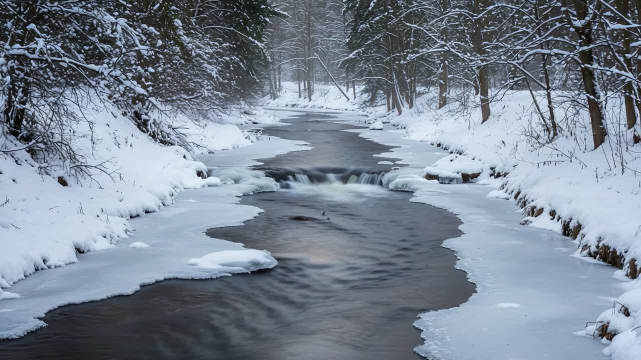 A Tranquil Winter Scene: Flowing Stream Surrounded by Snow-Covered Trees, Ice-Capped Edges, and a Serenity That Captures the Essence of Nature in its Icy Embrace