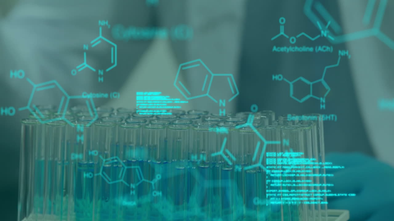데이터 프로세싱 및 화학 공식의 애니메이션 백인 과학자가 실험을 수행합니다.