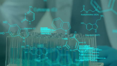 animation of data processing and chemical formula over caucasian scientist doing experiment