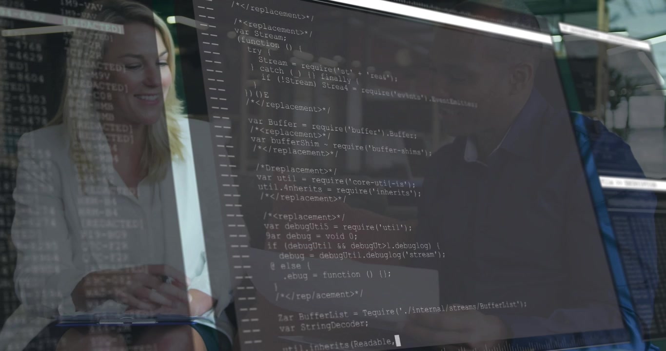 Two professionals sitting on sofa with clipboard discussing code leading overlay scrolling fading