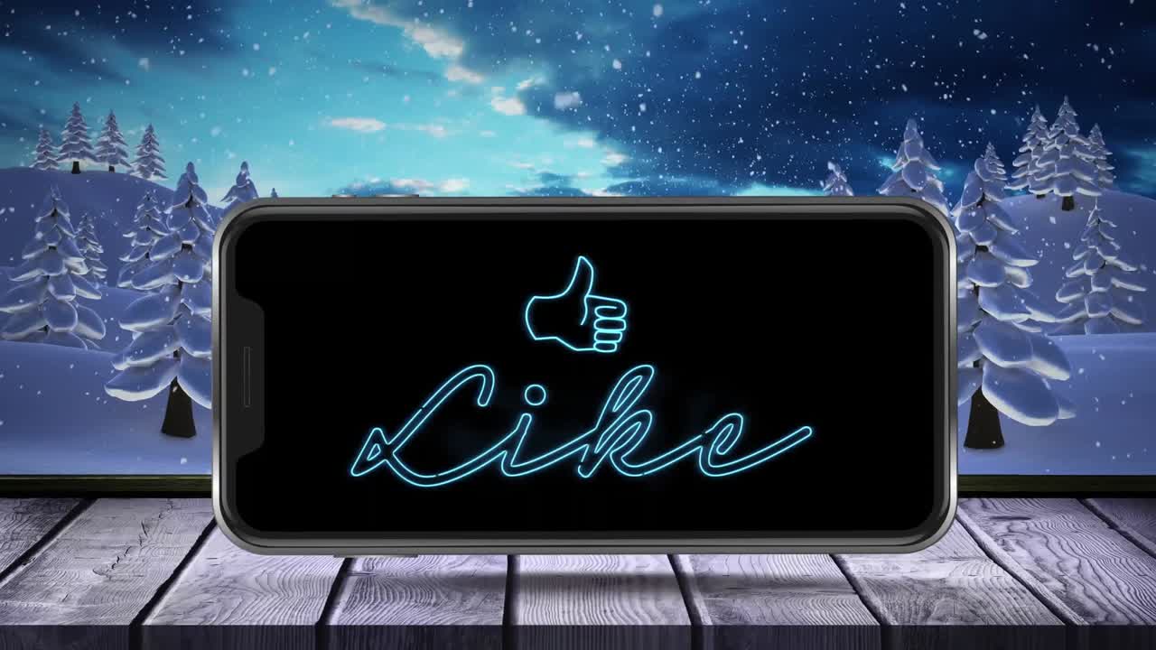 Animazione di testo "Mi piace" lampeggiante e pollice in su visualizzati sullo schermo di uno smartphone su superficie di legno