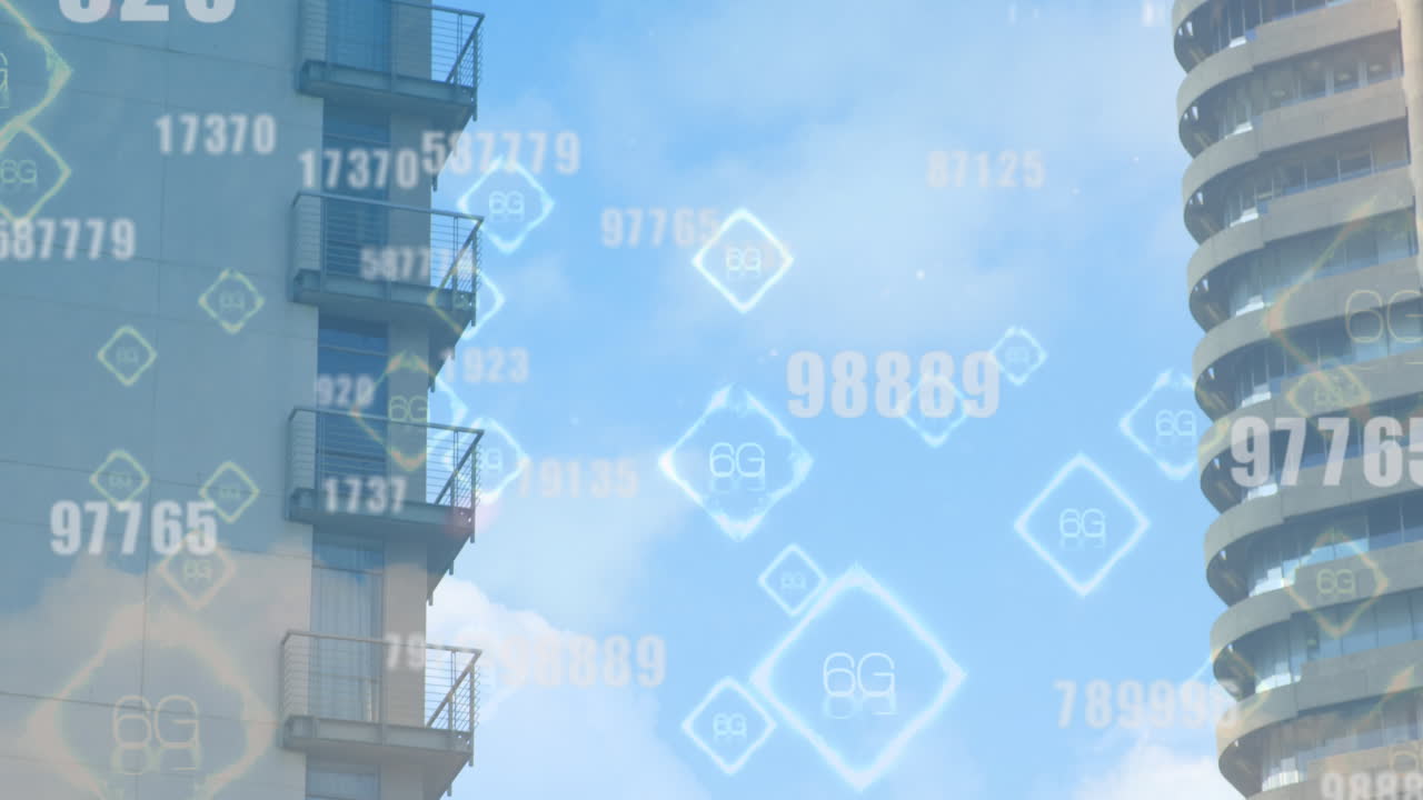 Animation of numbers changing and 6g text over modern buildings