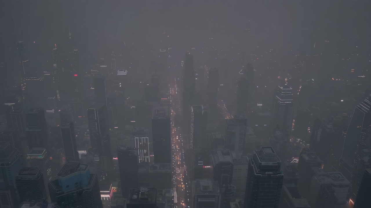 안개 속 의 밤 에 미래적 인 도시 풍경