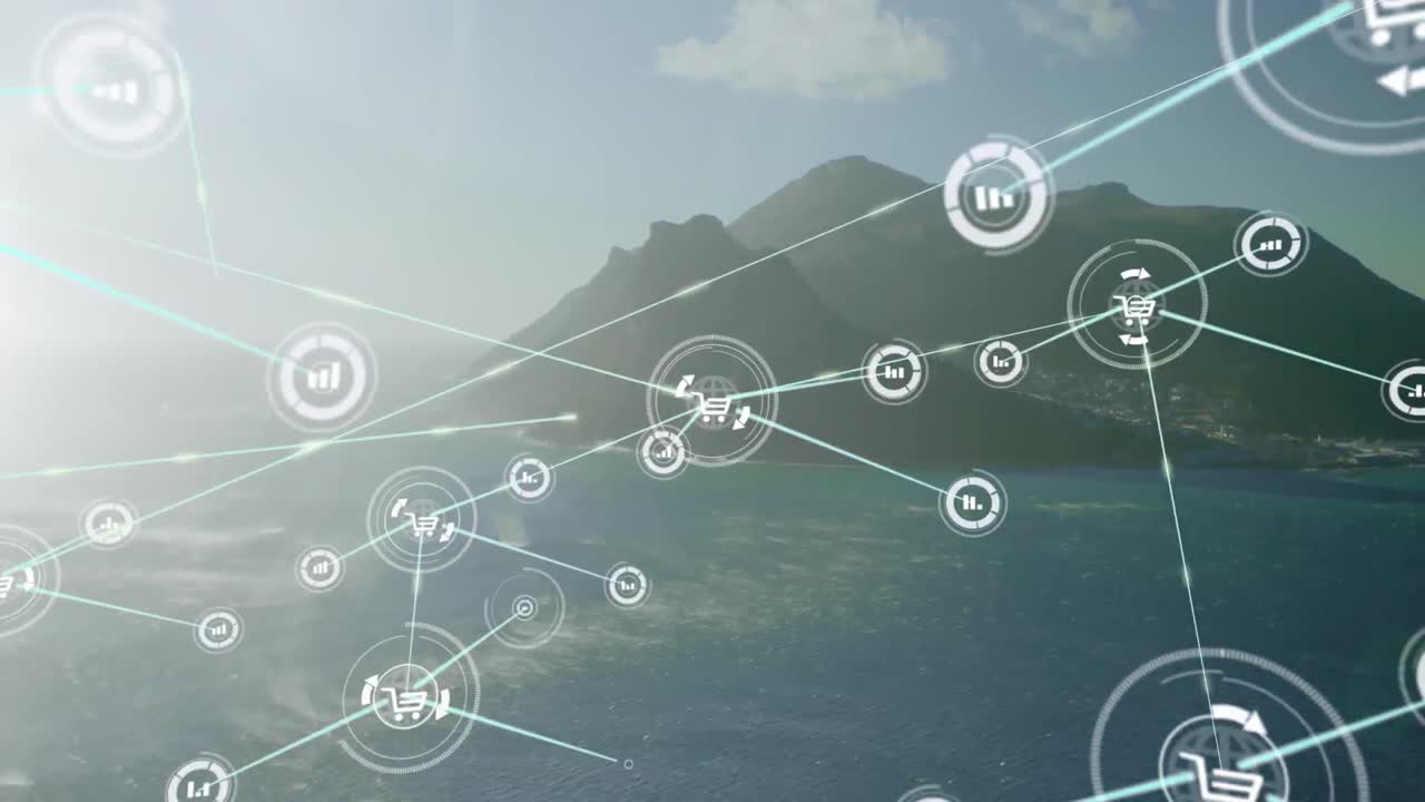 animación de iconos conectados sobre vista aérea del mar y las montañas contra un cielo nublado