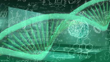 dna structure spinning and chemical structures against screens on medical data processing