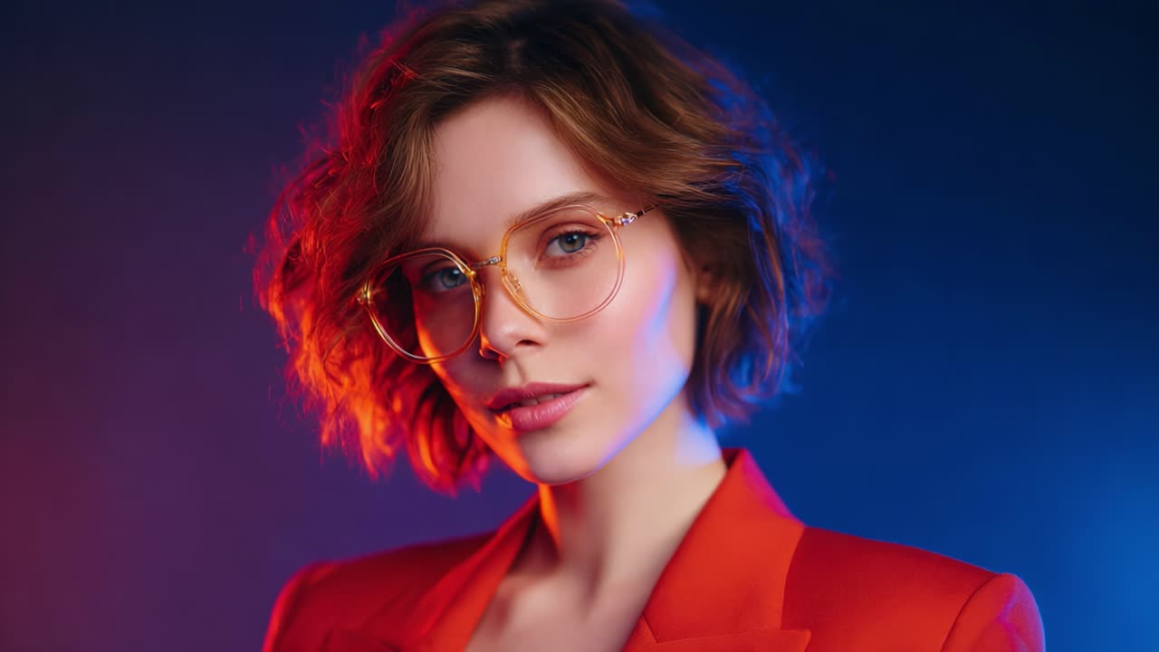 A Stunning Portrait of a Stylish Model with Curly Hair and Glasses, Displaying an Intense Gaze Against a Dramatic Colorful Background