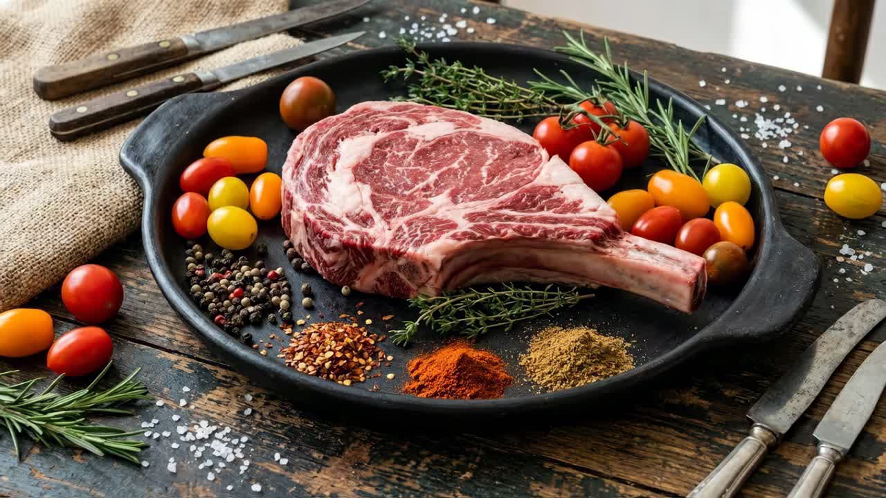 Raw Tomahawk Steak with Spices and Herbs