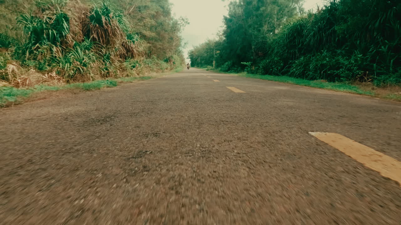 Motorcycle Riding Through Forest Path