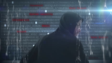 Animation of webs of connection with hacker wearing hoodie, using laptop