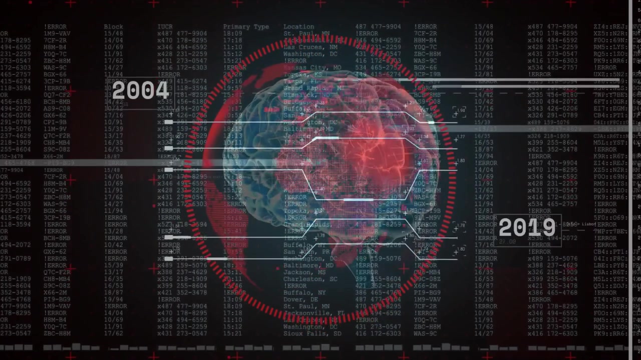 Starting data scrolling, brain rotating, ring pulsing and labels updating, showing timeline