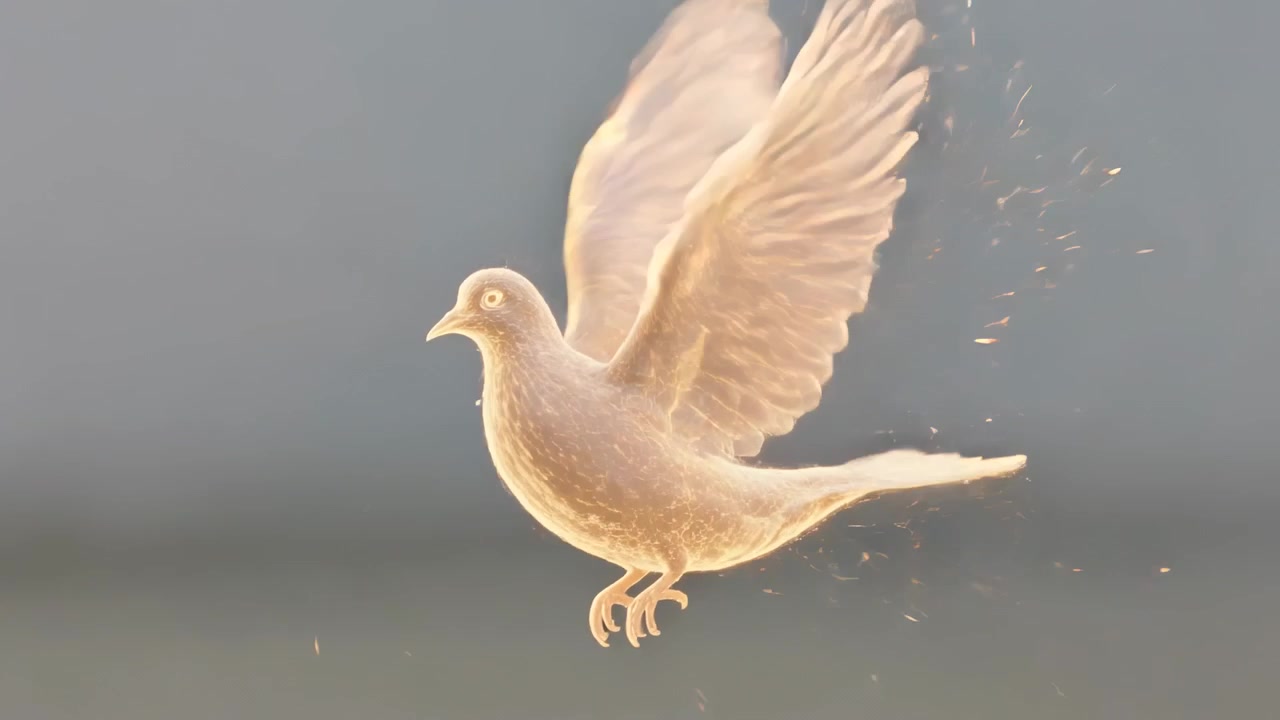 Con le ali tirate indietro, un uccello dorato stilizzato che sale su uno sfondo grigio, creando un'esplosione bronzo-oro