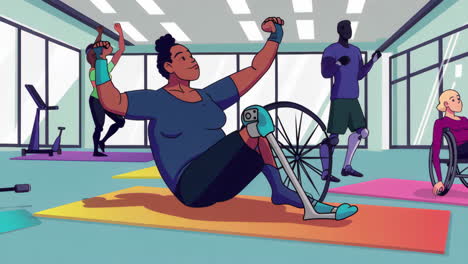 diverse group with disabilities exercising in a gym
