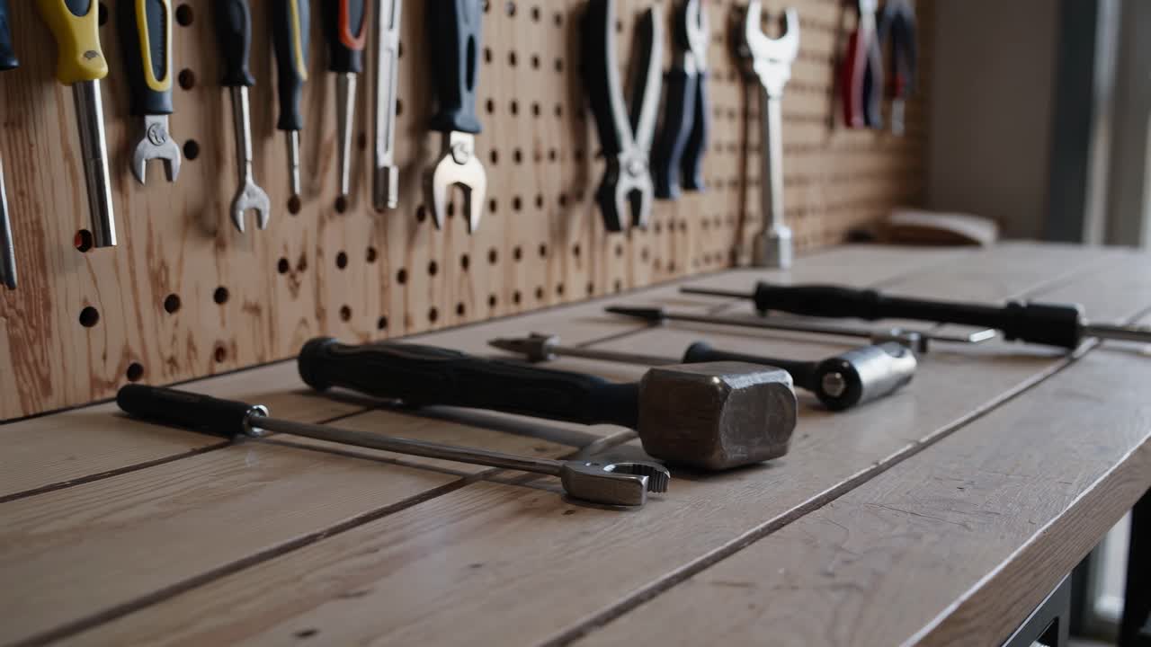 Close-up, angled view of a workbench with tools, capturing a workshop vibe