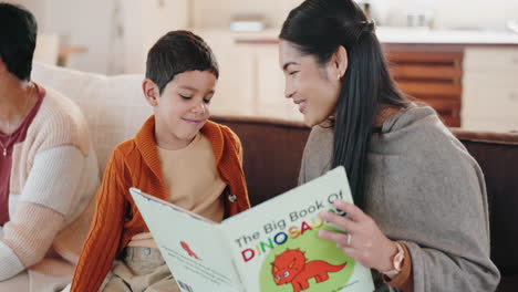 family, kids and a mother reading to her son