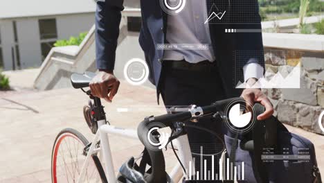 animation of data processing over african american businessman with bike