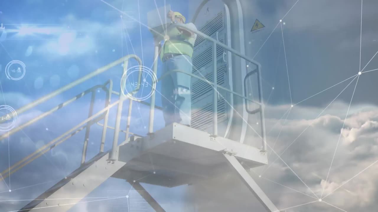 풍력 터빈과 남성 엔지니어의 배경에서 연결 네트워크의 애니메이션