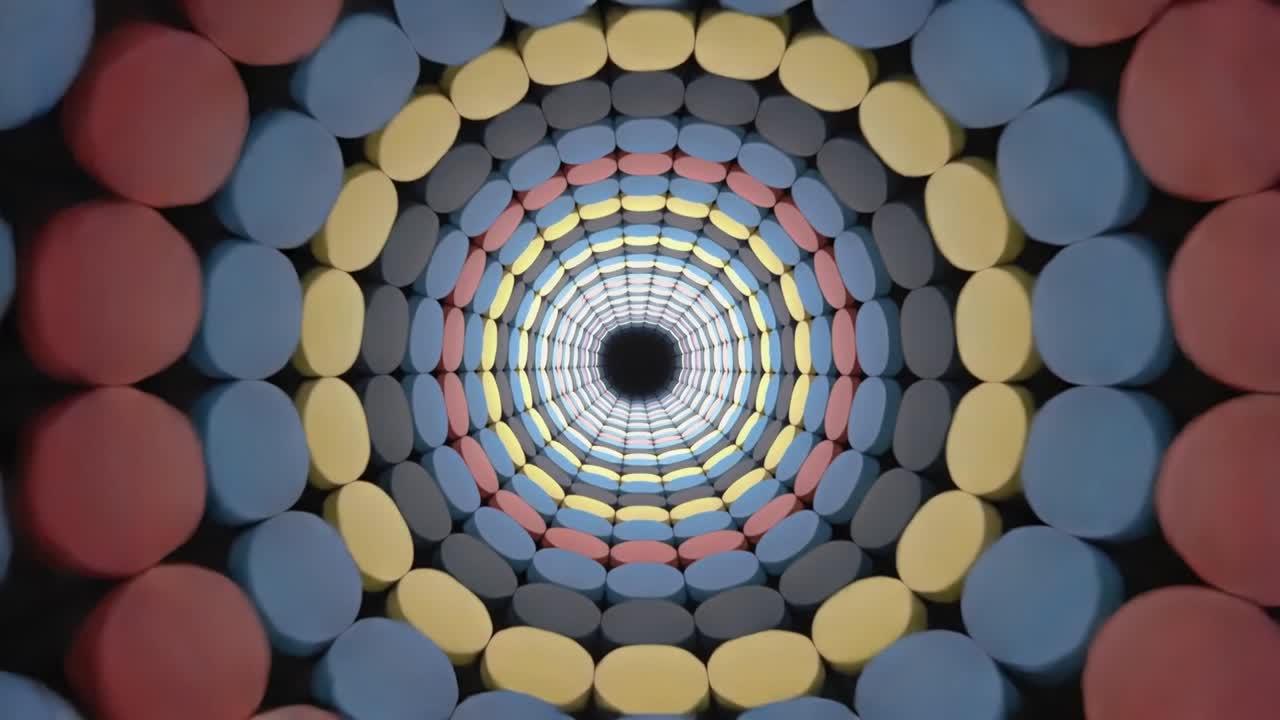 Frame change starting, disc tunnel rotating inward and outward in gallery, forming pulsing bands