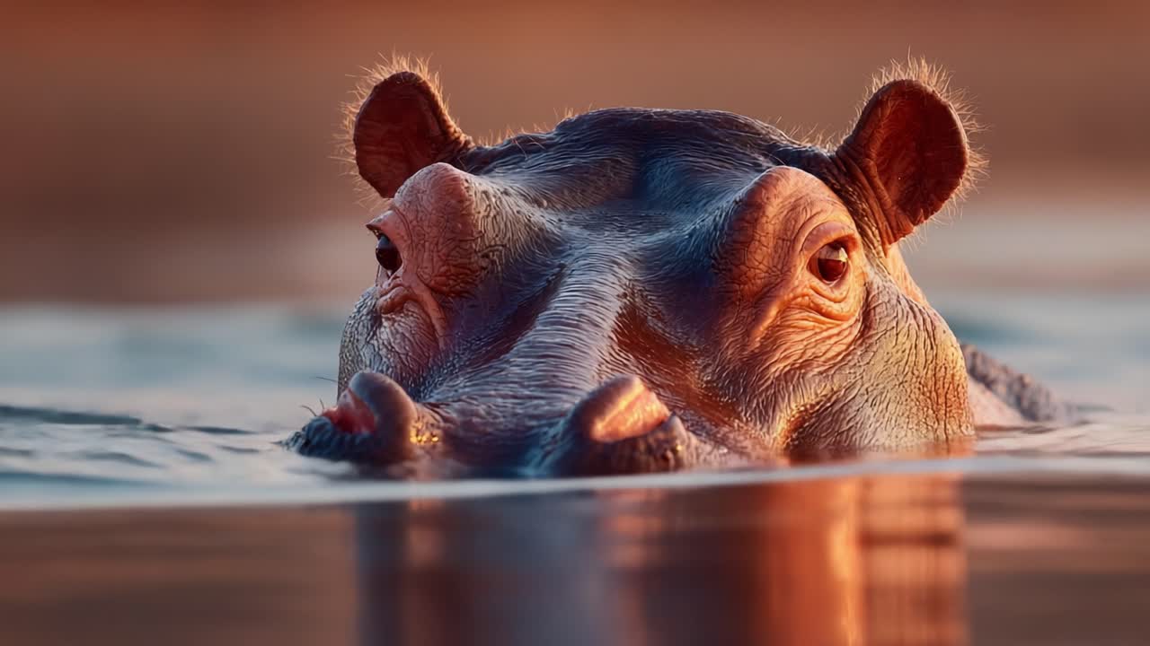 An Up-Close Encounter with a Hippo: Captivating Moments of a Hippo Emerging from Water at Sunset, Highlighting Nature's Beauty and Wildlife in Serenity