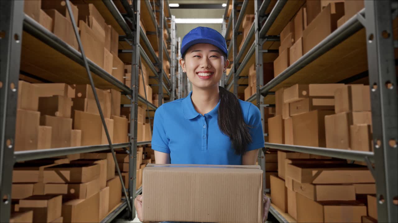 mensajera asiática en uniforme azul sonriendo mientras entrega un cartón en el almacén