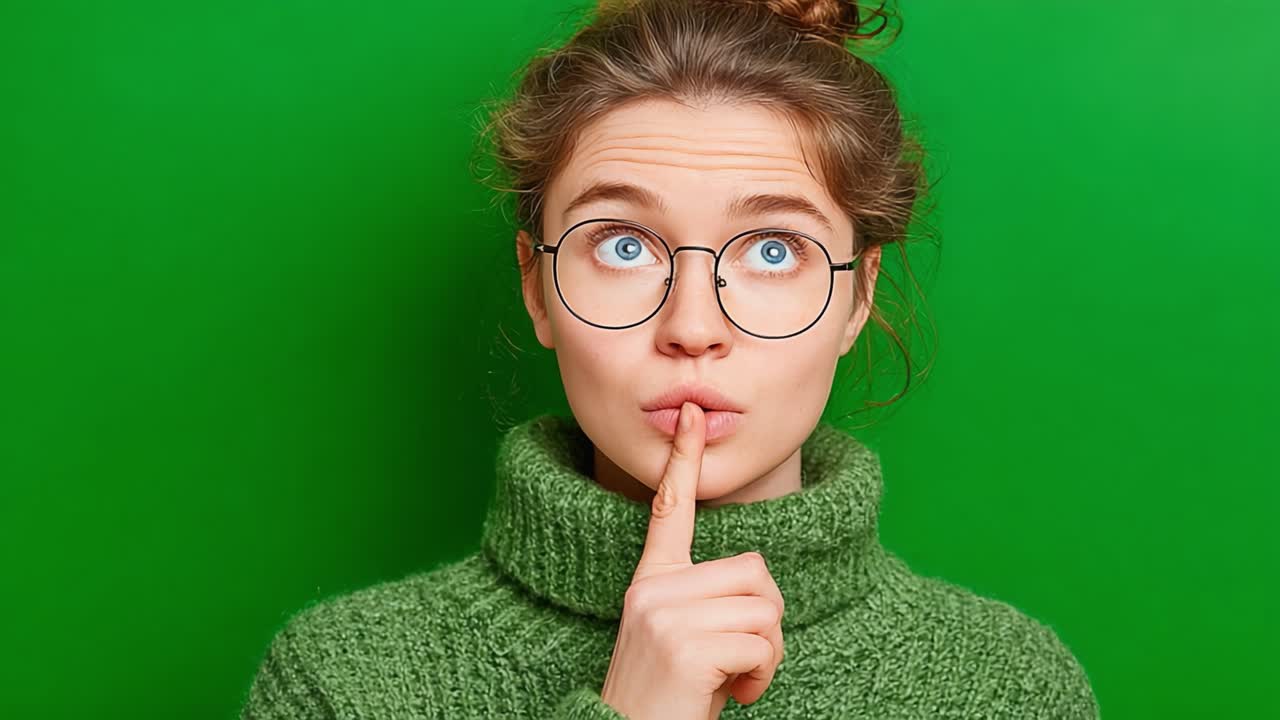 A young woman with glasses and a cozy green sweater playfully holds her finger to her lips, wearing a thoughtful expression against a vibrant green backdrop, evoking a sense of curiosity and secrecy