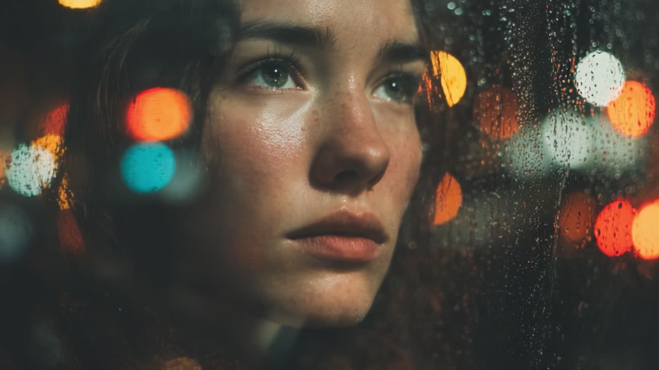 A contemplative moment captured through the window as raindrops create a dreamy atmosphere, reflecting the emotional depth of a young woman's gaze against a backdrop of blurred city lights