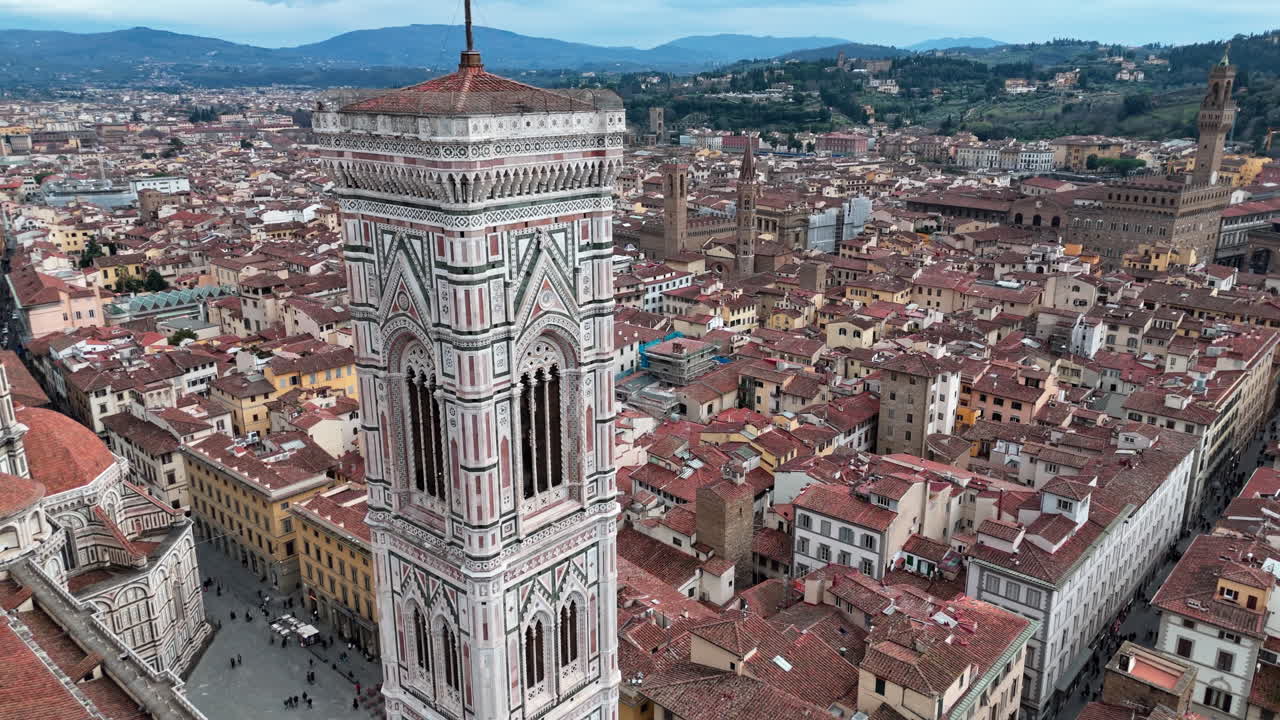 Giotto's bell tower and florence cathedral in historic florence, italy, aerial view