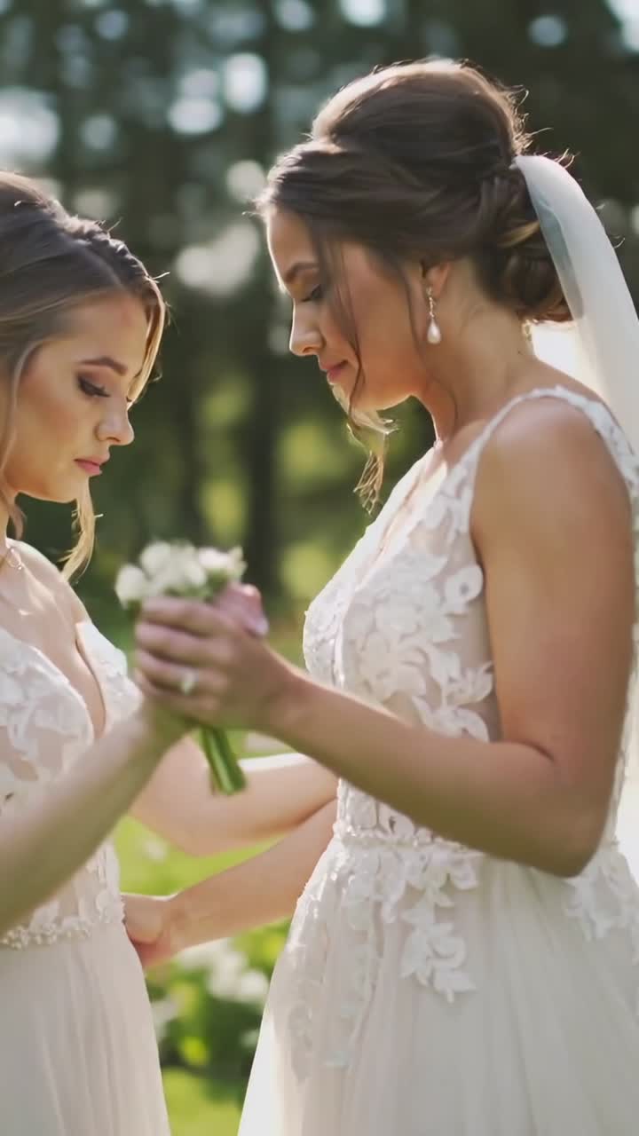 Video verticale: Spose in abiti da sposa si allungano per stabilizzare il bouquet, si tengono per mano e si scambiano le promesse in giardino.