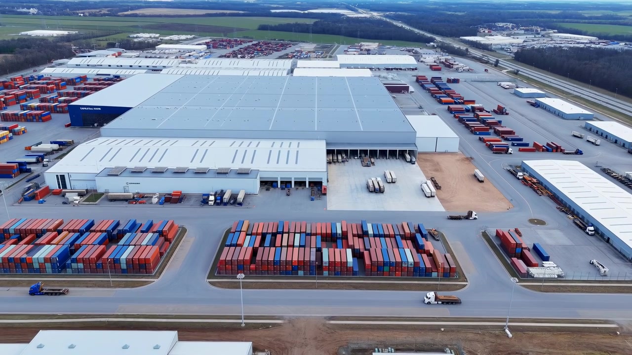High angle aerial view of expansive logistics terminal with broad warehouse roofs, dense container stacks, loading bays, freight trucks, service roads, and open rural farmland beyond