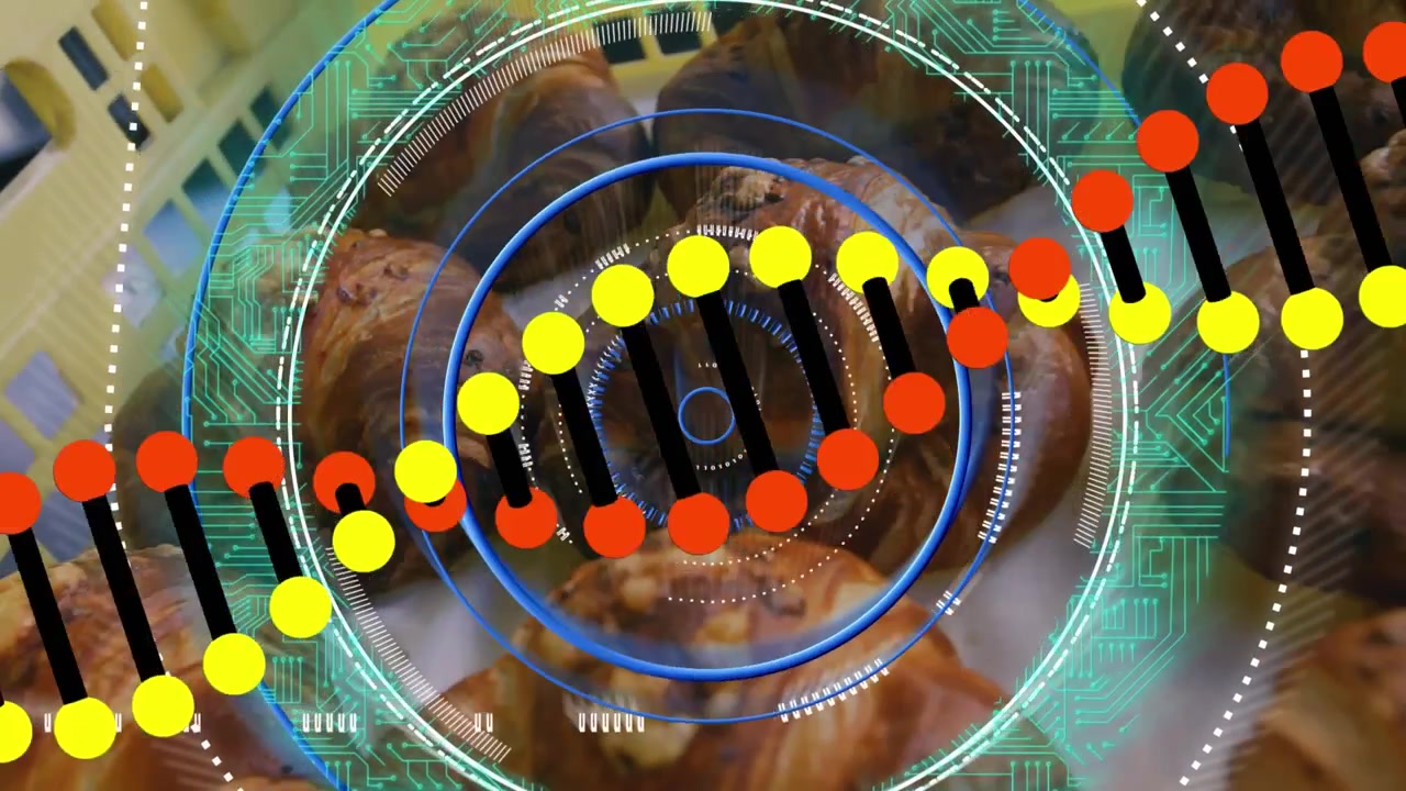 Animation of dna strand and scope scanning over croissants