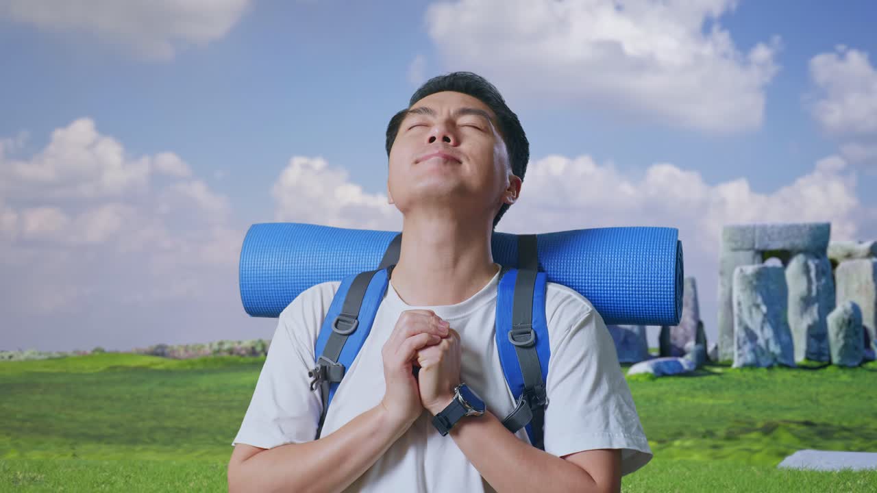 Close Up Of Asian Male Hiker With Mountaineering Backpack Pray For Something While Traveling In Stonehenge