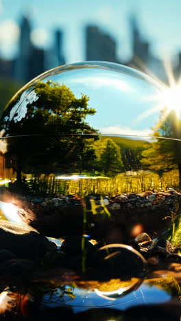 a glass ball with a tree inside of it is on a rock. the glass ball is reflecting the surrounding environment, including the city in the background.