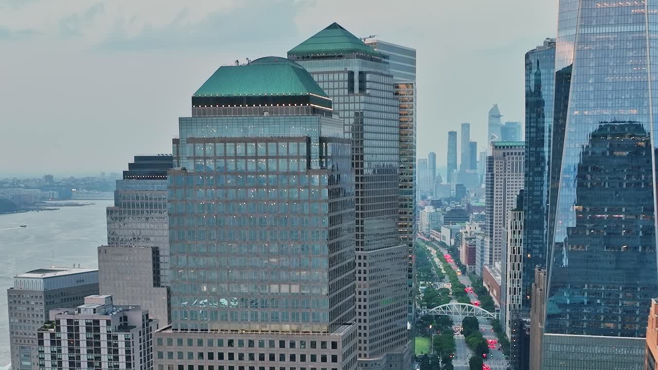 Sky view of New York City showcasing buildings and river scenery