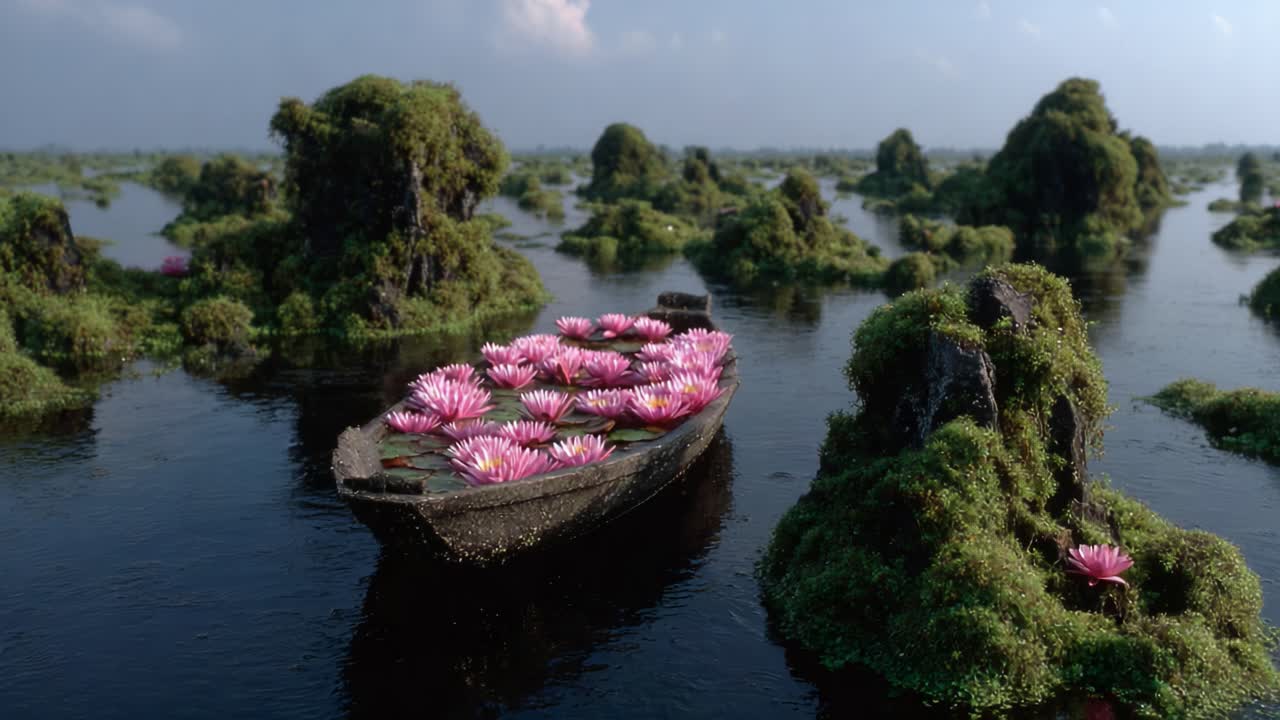 Serene Floating Garden: A Tranquil Boat Adorned with Vibrant Water Lilies Amidst Lush Greenery in a Sparkling Waterway Heaven