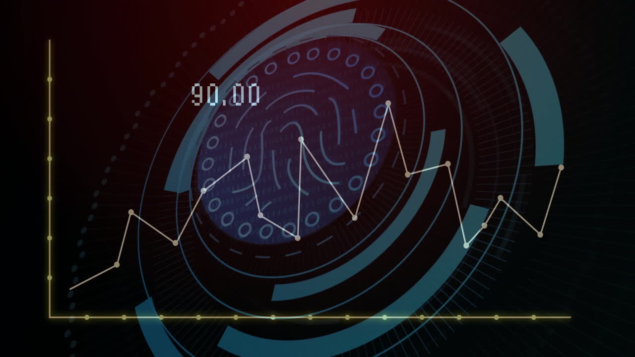Animation of biometric fingerprint icon and digital data processing over dark background