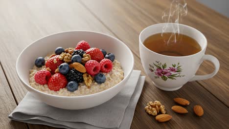 a delicious breakfast scene featuring oatmeal topped with fresh berries, nuts, and accompanied by a steaming cup of tea on a wooden table