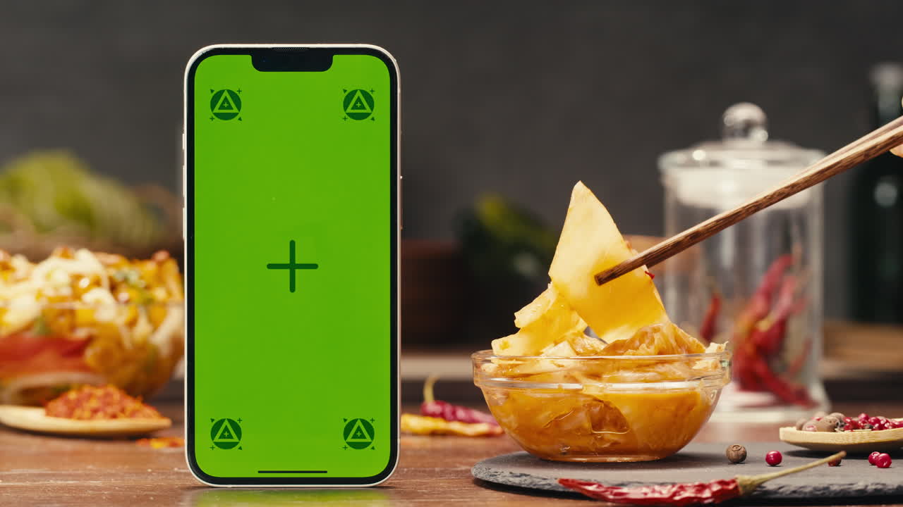 A green screen mobile phone, a portable communications device, is on a table next to a bowl of canned corn. The product is a useful gadget for telephony and communication. Fermented food served on table, mini corn, kimchi, eggplants, yellow cabbage