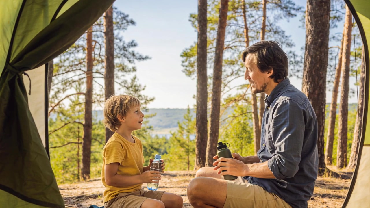 Far og søn hæver flasker, skåler og taler ved teltåbningen for at dele en drink og samtale.
