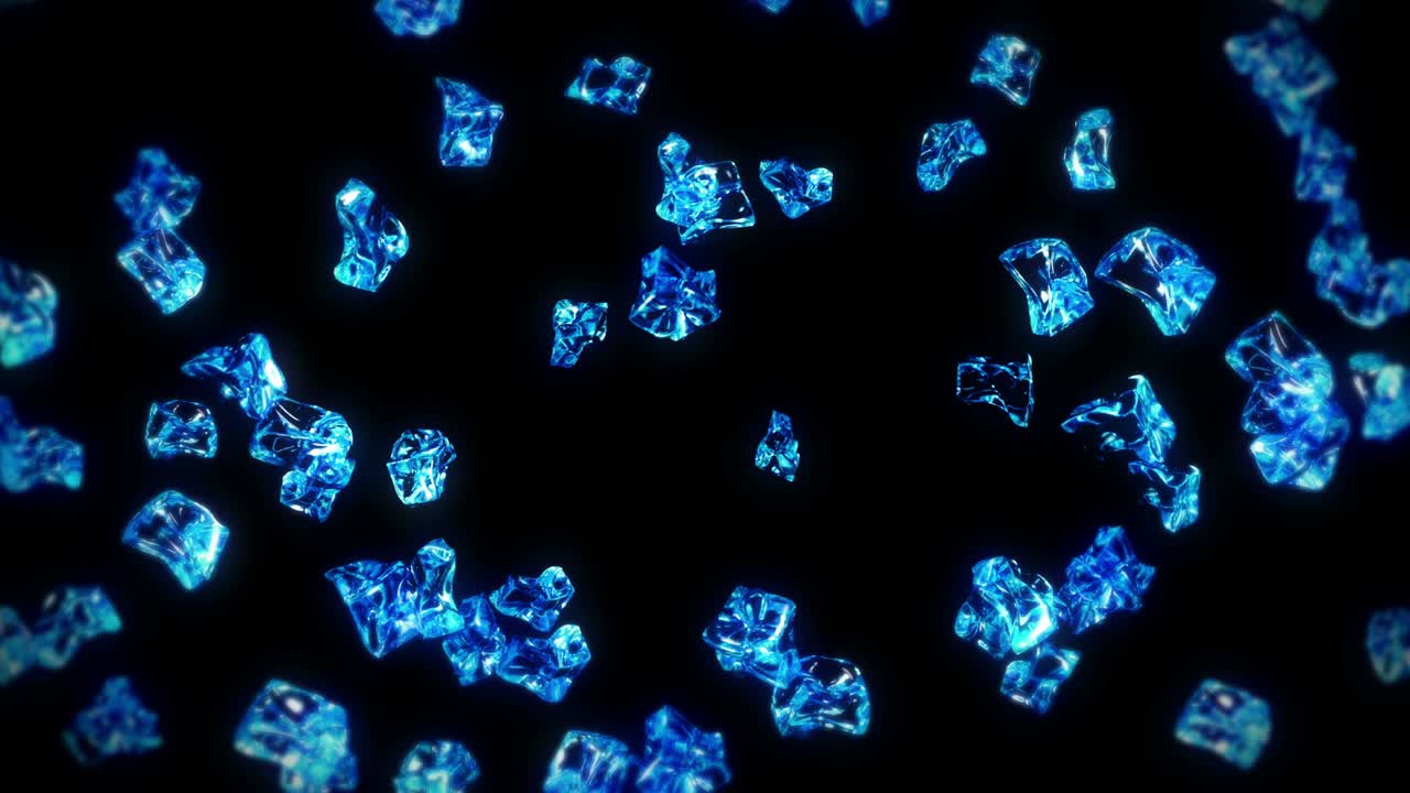 검은색 바탕에 많은 깨한 얼음 큐브를 날아. 부서진 얼음 조각, 자연 물. 부러진 얼음의 3d 애니메이션 회전. 루프 애니메이션.